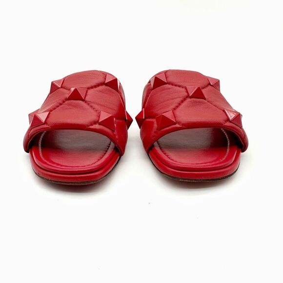 VALENTINO Rockstud Red Leather Sandal Size 37.5 Flat Flip Flop Slide Studded - Picture 5 of 12